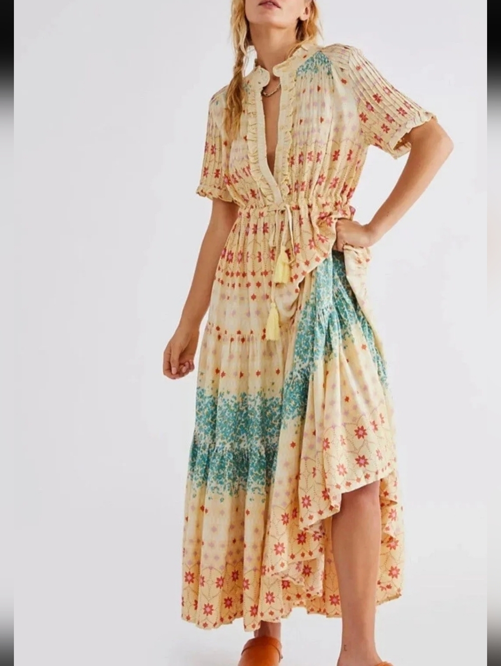 Free People Rare Feelings Tiered Printed Tassles Tie Maxi Dress Size M
